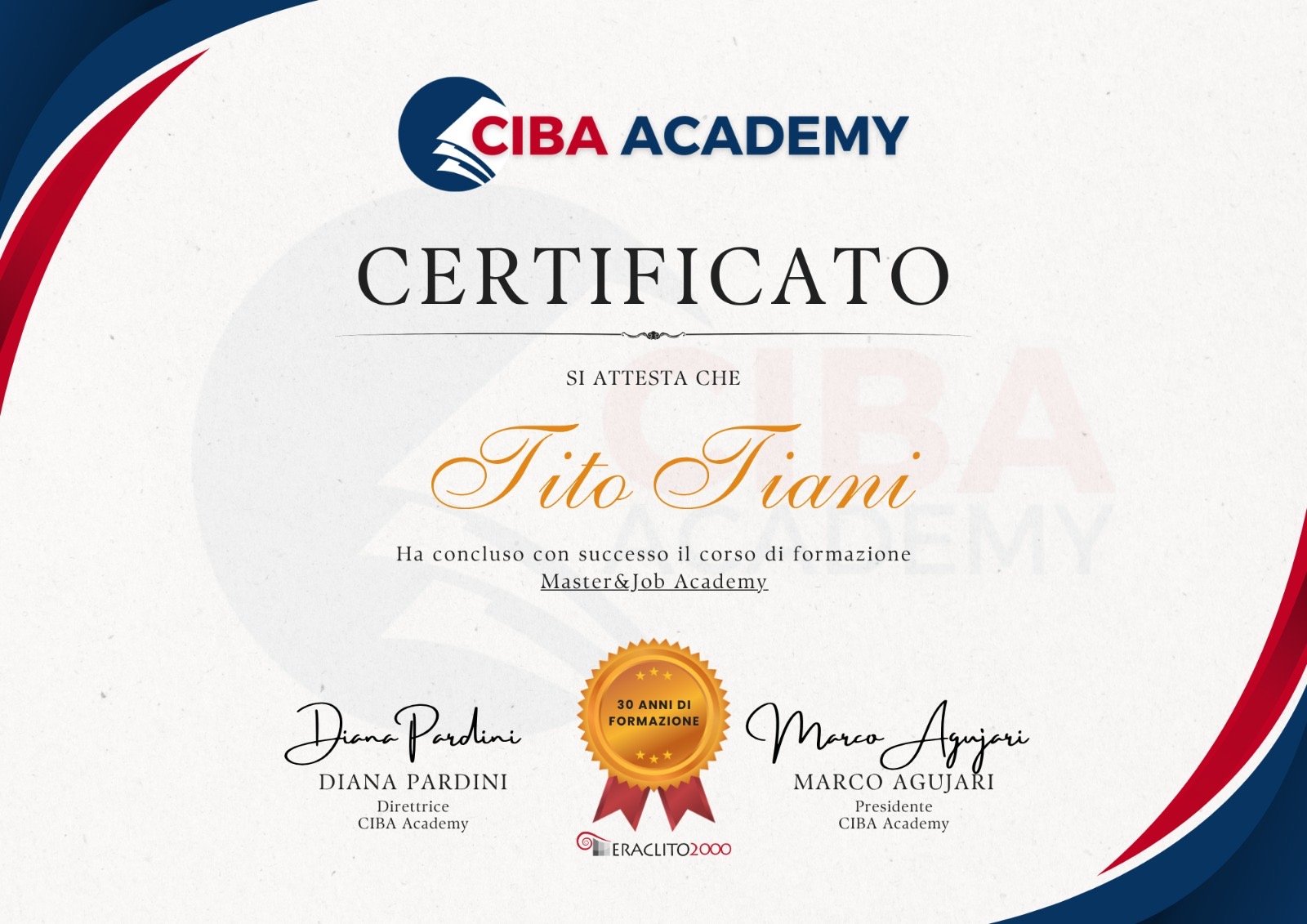 Il certificato CIBA Academy, firmato dalla Direttrice e dal Presidente, con il sigillo dei trent'anni di Eraclito 2000